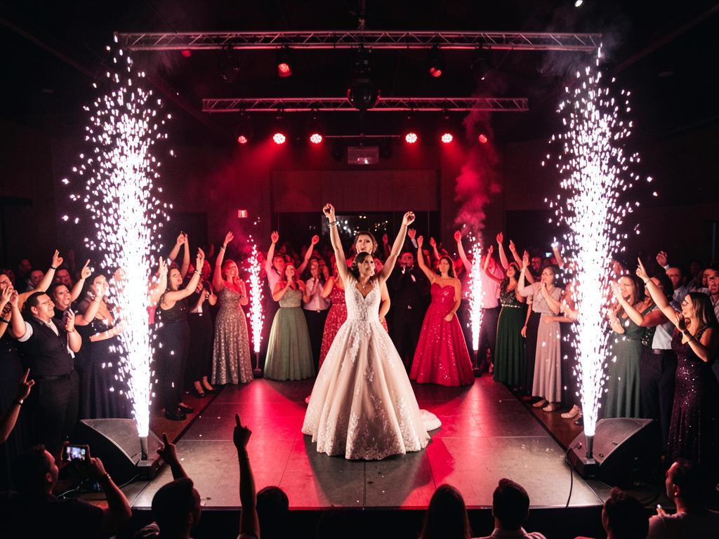 Cold spark fountains framing a quinceañera dance floor