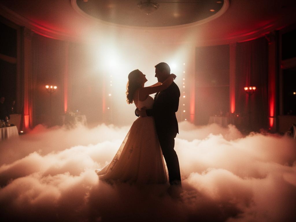 First dance on a cloud of low fog in a dark ballroom