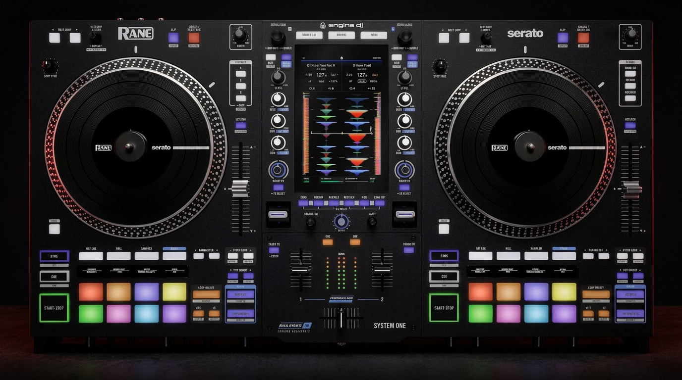 Professional Rane DJ controller with dual turntables, mixer, performance pads, and waveform display